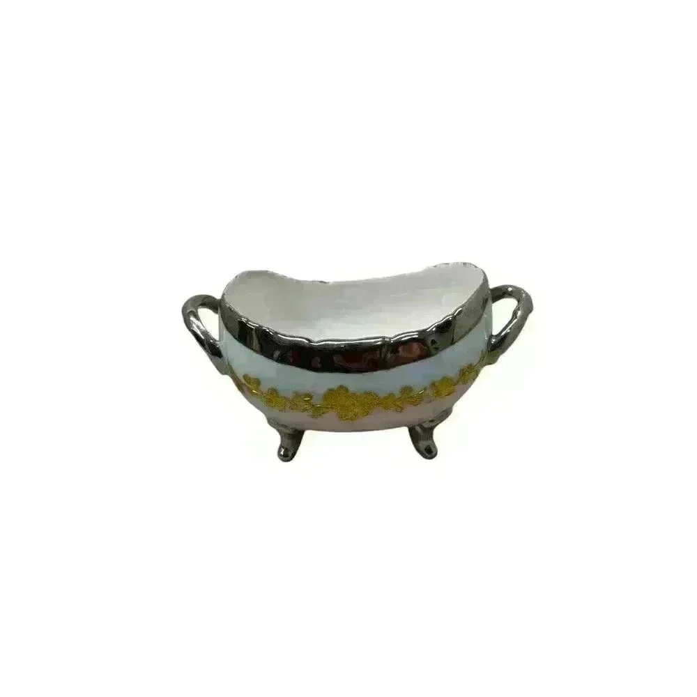 Vintage T&V Limoges Hand Painted Roses Candy Dish RARE Pink/Blue/Gold/Silver